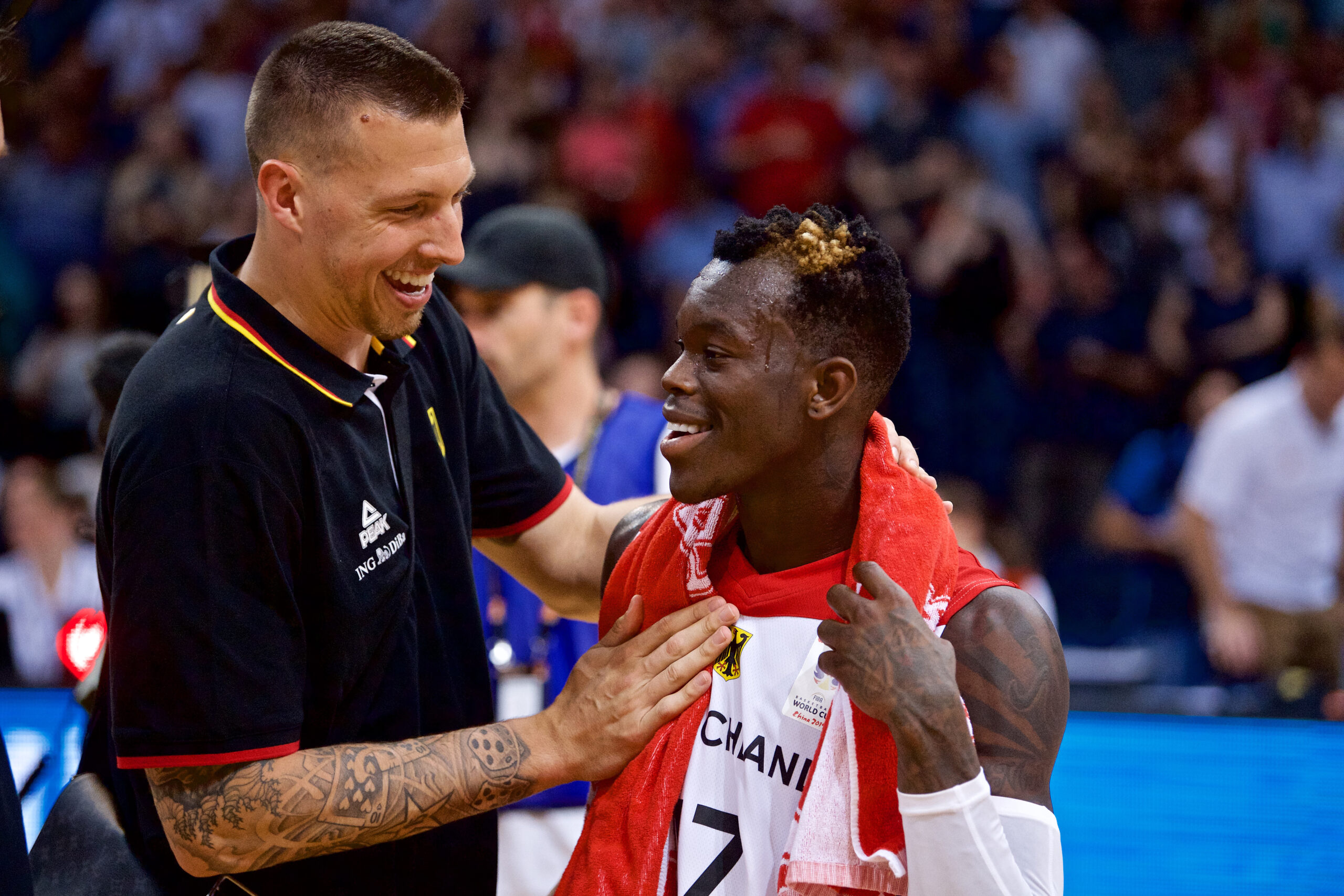 Basketball Braunschweig 29.06.2018
DBB Nationalmannschaft Länderspiel
WM Qualifikation FIBA Europe
Deutschland (GER) - Österreich (AUT)
Jubel nach dem Spiel
Dennis Schröder / Schroeder (Deutschland, No.17) Schröder
Daniel Theis li.
Foto: Camera4

Jede Nutzung des Fotos ist honorarpflichtig gemaess derzeit gueltiger MFM Liste zzgl. Mehrwertsteuer. Urhebervermerk wird nach Paragraph 13 UrhG ausdruecklich verlangt. Belegexemplar erforderlich! Bei Verwendung des Fotos ausserhalb journalistischer Zwecke bitte Ruecksprache mit dem Fotografen halten. - Each usage of the photo requires a royalty fee in accordance to MFM. No model release. For any usage other than editorial purposes please contact the author.